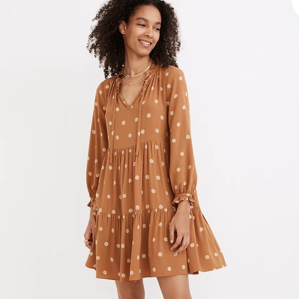 Madewell Tie Neck Tiered Mini Dress Bloom Dot Size Medium